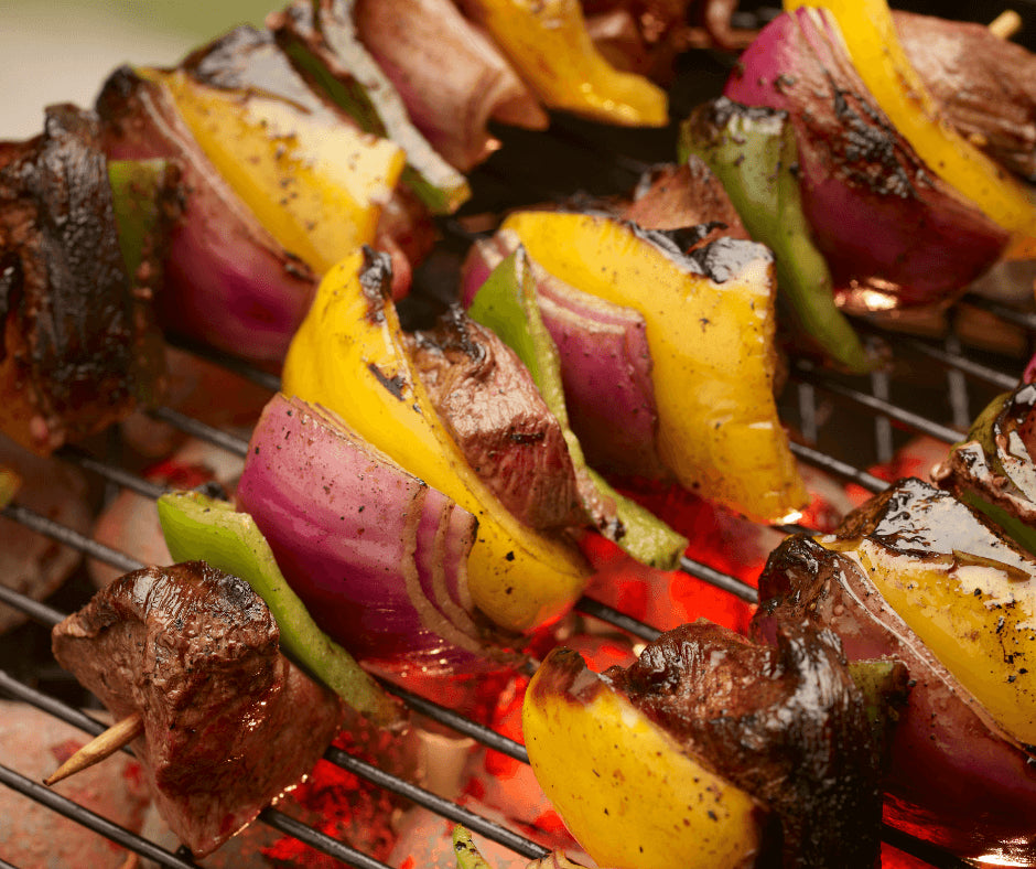 beef kabobs with onions and peppers